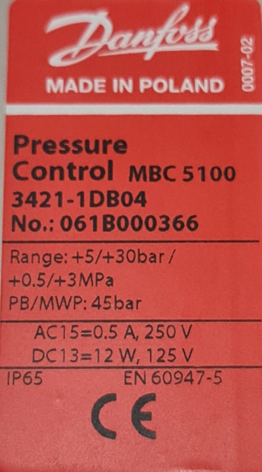 DANFOSS MBC5100 PRESSURE CONTROL SWITCH 5.00 BAR – 30.00 BAR 061B000366