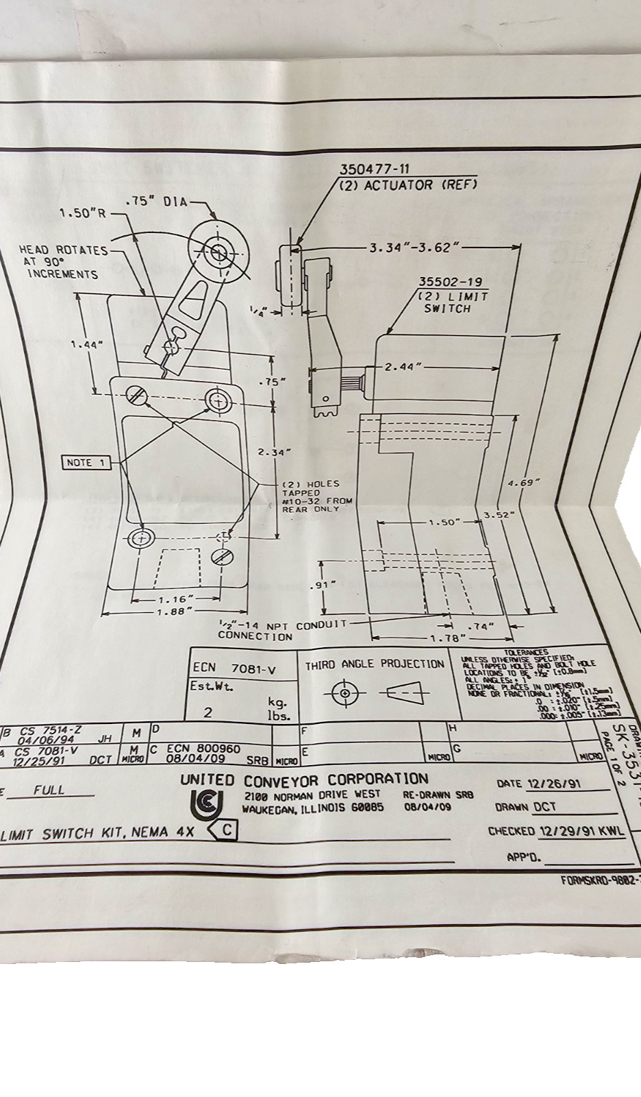 United Conveyor 350695 Plate-LS Limit Switch Plates (4) With Spec Sheets