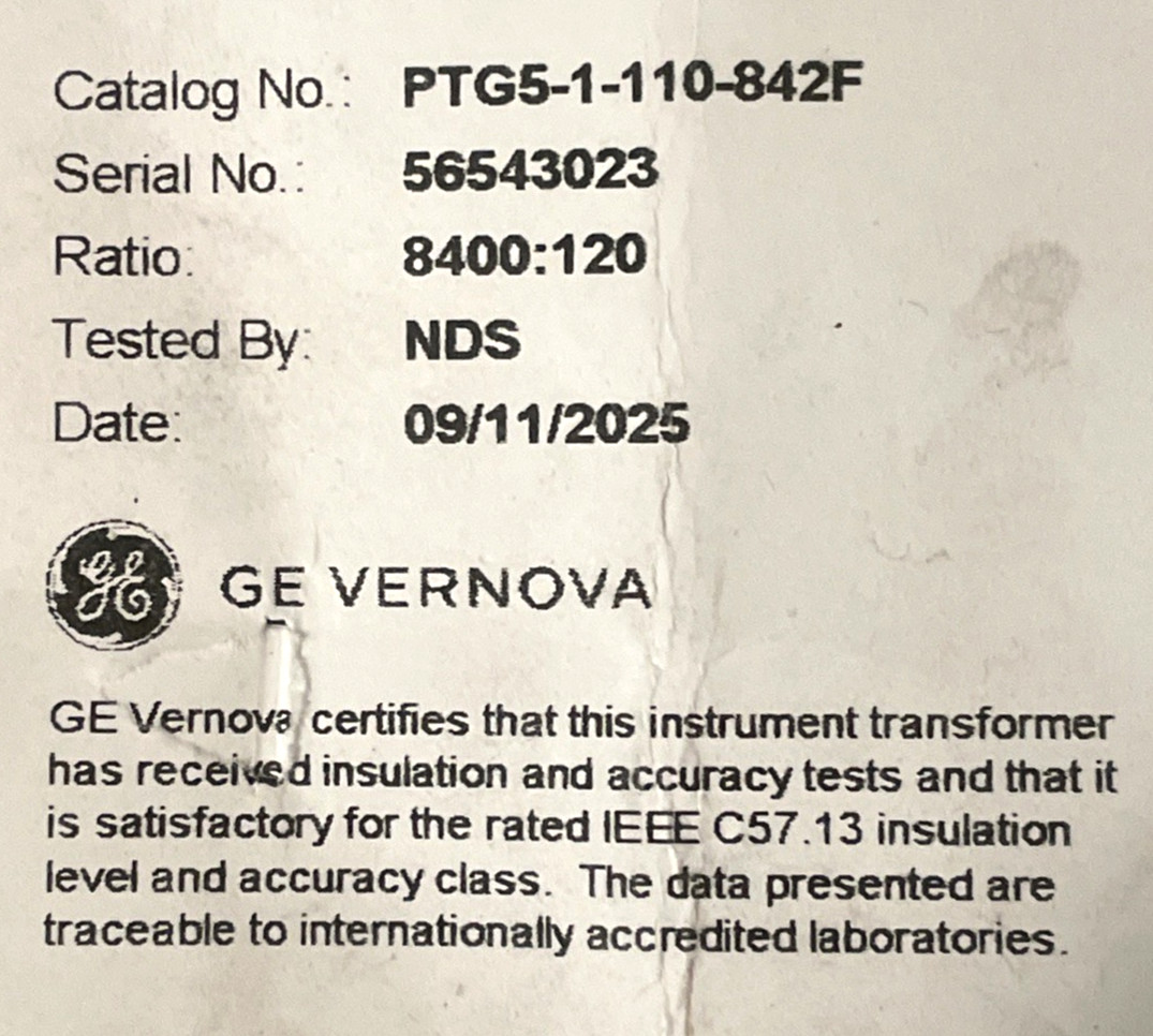 GE Vernova / Instrument Transformer PTG5-1-110-842F / 70:1 BIL 110 kV 60 HZ 0.3Z
