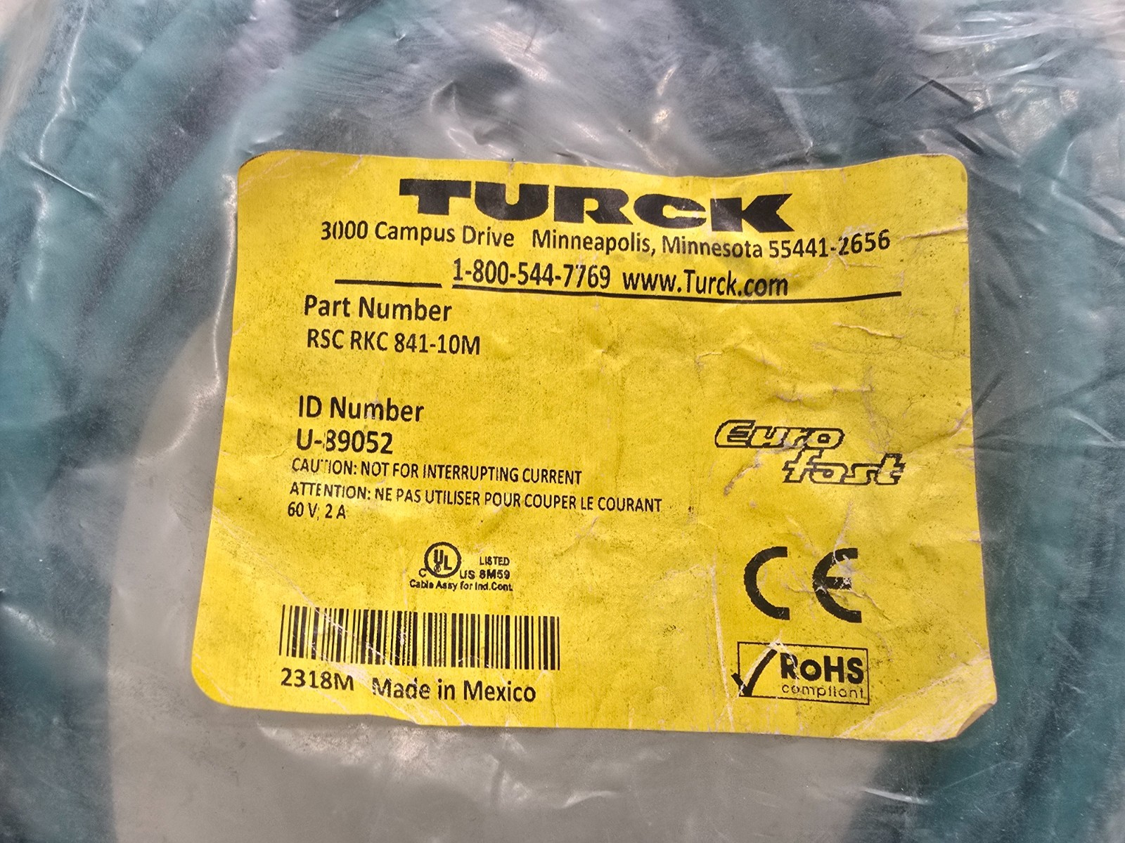 NEW IN BAG! TURCK 10M EURO FAST NETWORK CORDSET RSCRKC841-10M