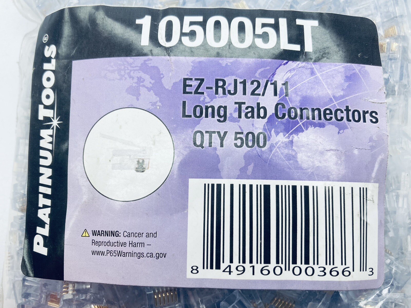 PACK OF 500 UNUSED PLATINUM TOOLS 105005LT EZ-RJ12/11 LONG TAB CONNECTORS
