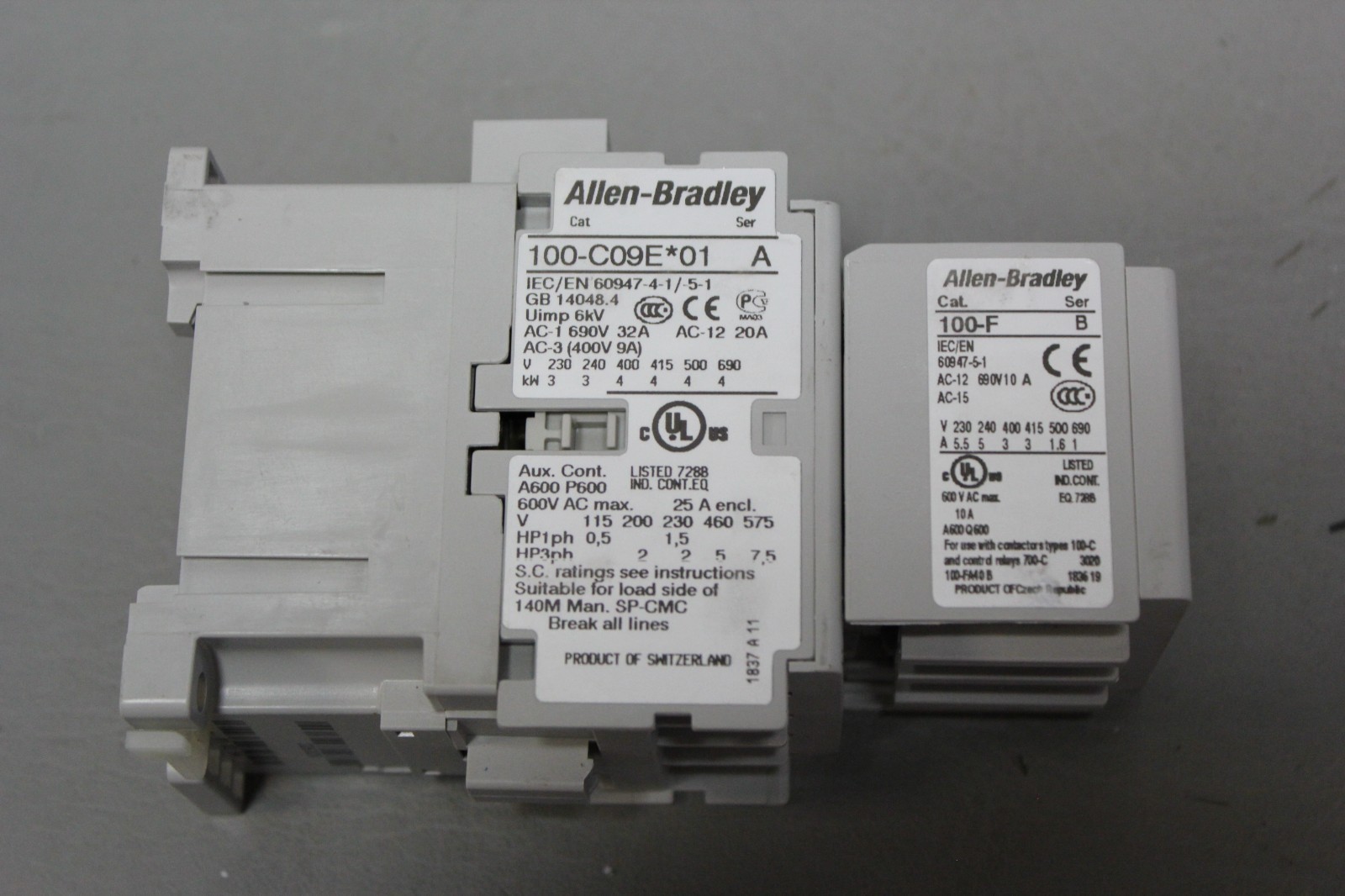 ALLEN BRADLEY C09 01 CONTACTOR 24VDC COIL 100-C09EJ01 SER. A W/ 100-F AUX CONACT