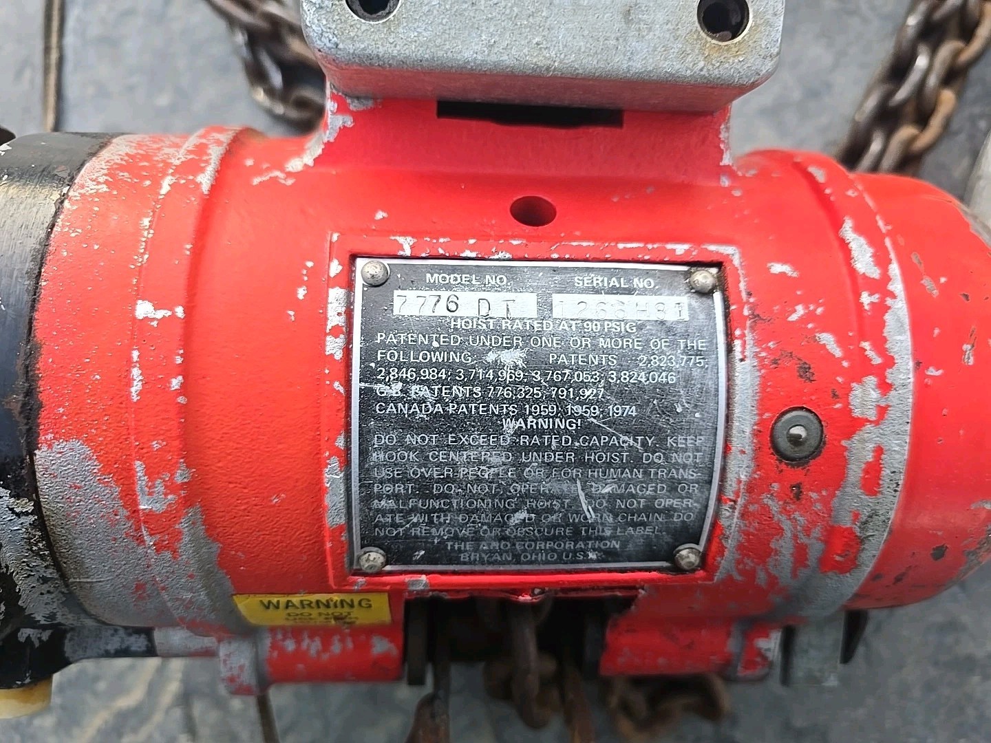 ARO Pnuematic Air Chain Hoist 1 Ton Model 7776DT Read Please