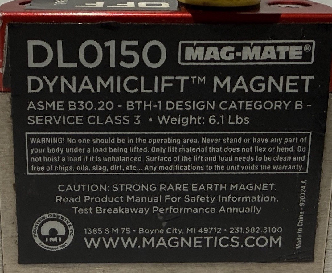 Mag-Mate Dl0150 Lifting Magnet 150lb Max Load Capacity
