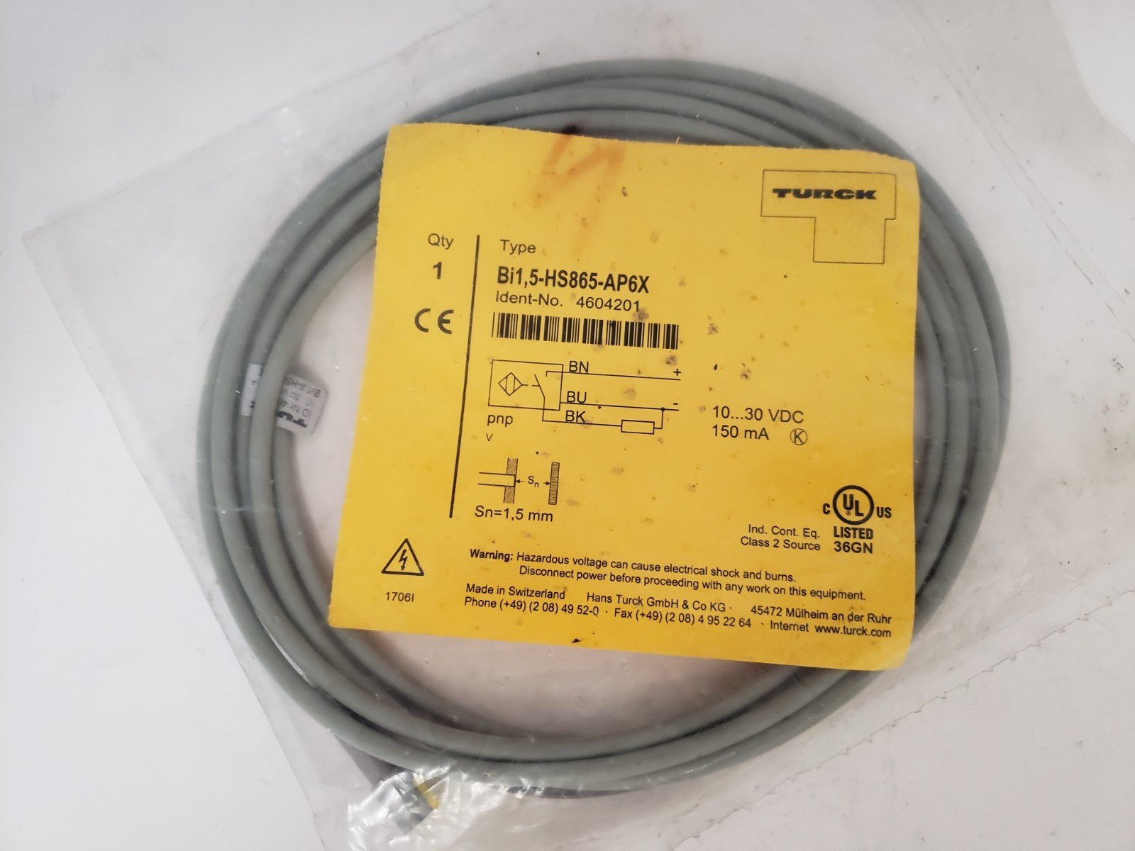 TURCK BI1,5-HS865-AP6X INDUCTIVE PROXIMITY SENSOR 10-30VDC (460201) NIB