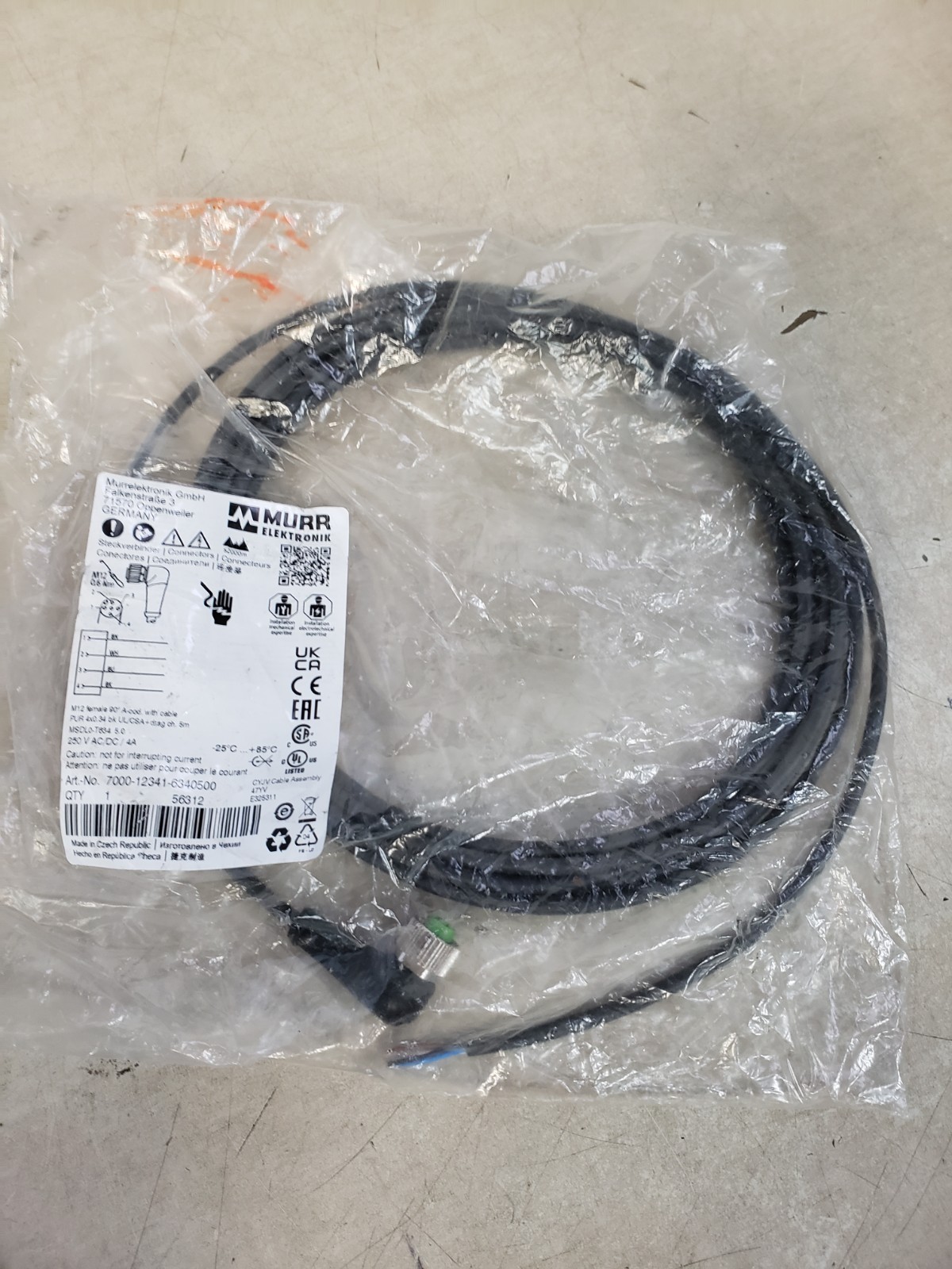 Murr Electronik 7000-12341-6340500 M12 female 90° A-cod. with cable PUR 4×0.34