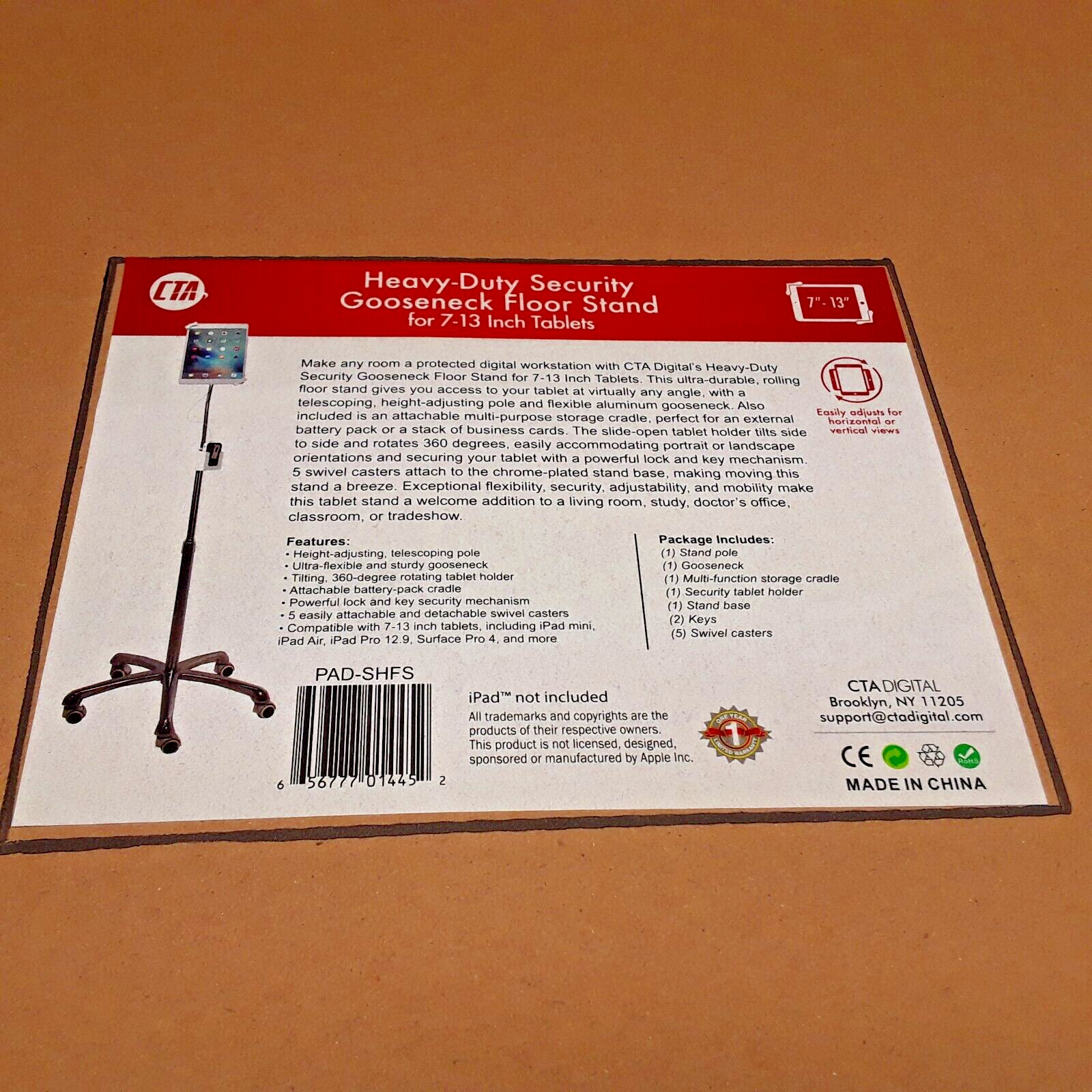 PAD-SHFS – CTA – HEAVY DUTY SECURITY GOOSENECK FLR STAND FOR 7-13″ TABLETS – NEW