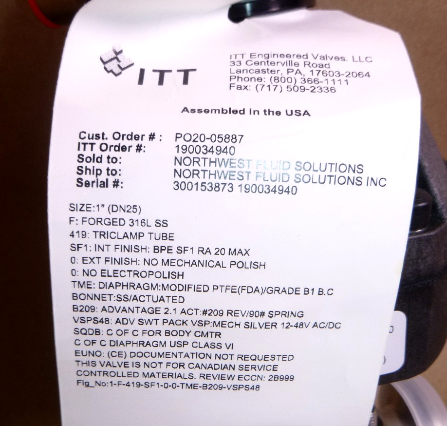 1″ ITT Pneumatic Actuator 90psi B209 W/Tri-Clamp Connection & Mechanical Switch
