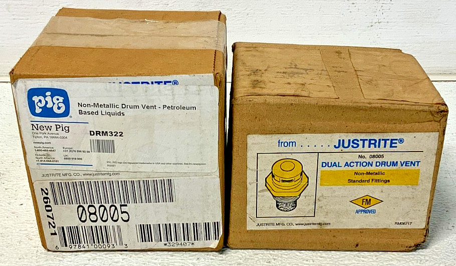 New Lot of 2 Justrite 08005 Dual Action Drum Vent Non-Metallic Standard Fit 232B
