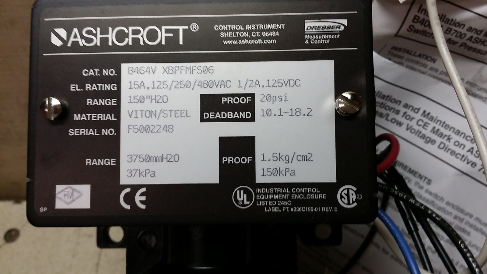 NOS Ashcroft Pressure Switch B464V XBPFMFS06 XFMFS06 150″ H2O 20 PSI 480 V-AC