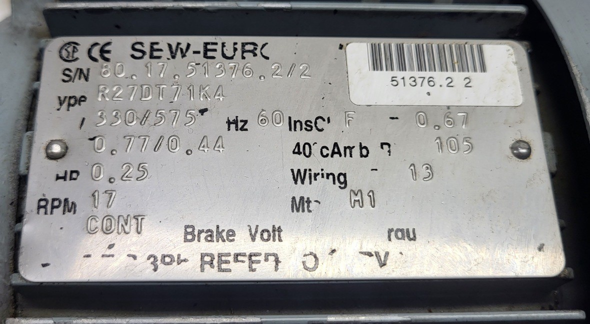 SEW EURODRIVE R27DT71K4 GEAR MOTOR 1/4HP 17RPM RATIO: 105.49, R27