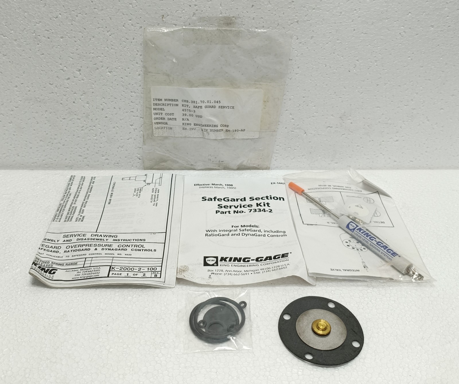 KING GAGE 7334-2 SAFEGARD SERVICE KIT 4575-3 VALVE 3257-1 DIAPHRAGM 4508-5 NEW