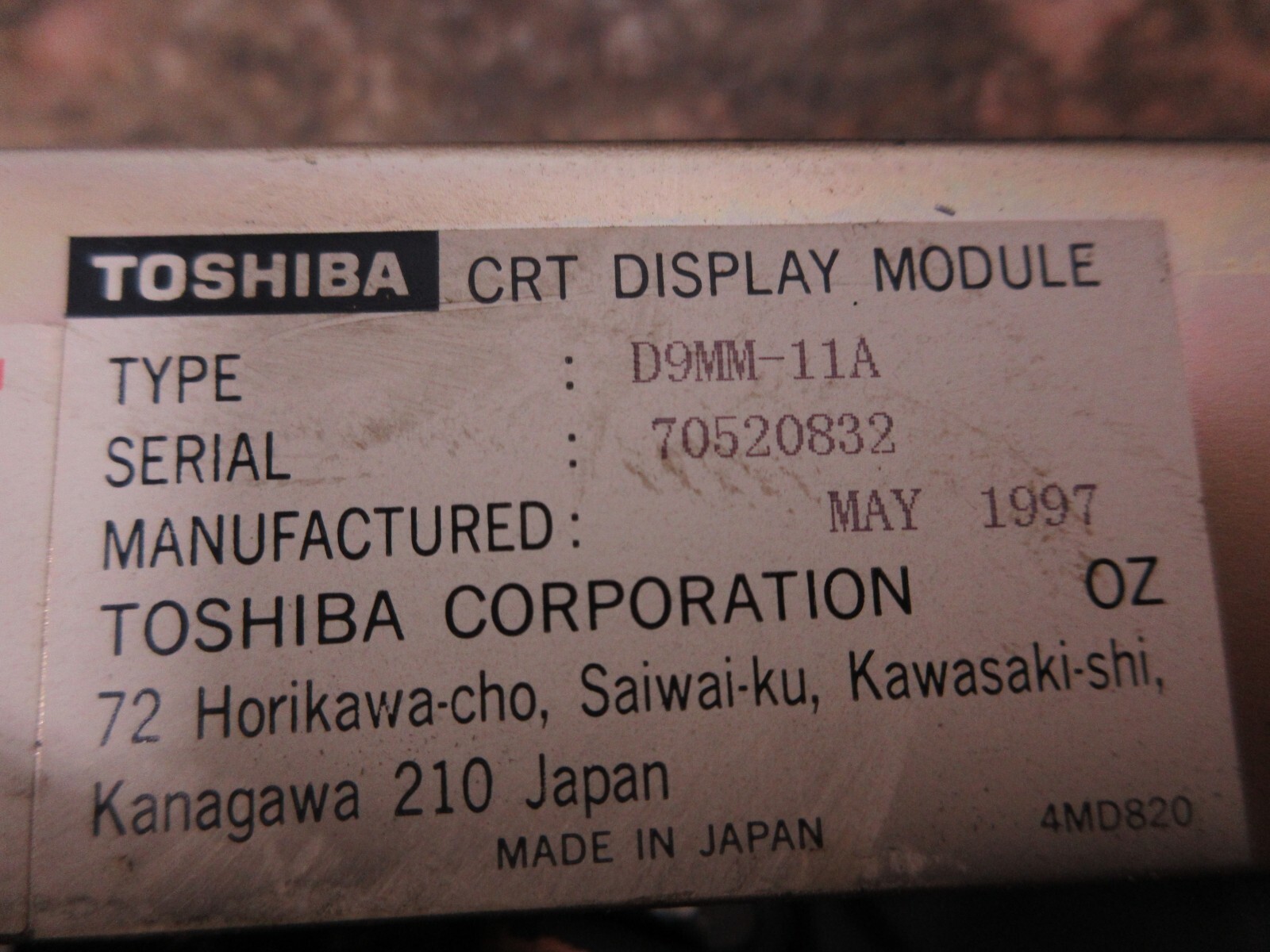 TOSHIBA MONITOR DISPLAY D9MM-11A A61L-0001-0093 4MDB059G WARRANTY