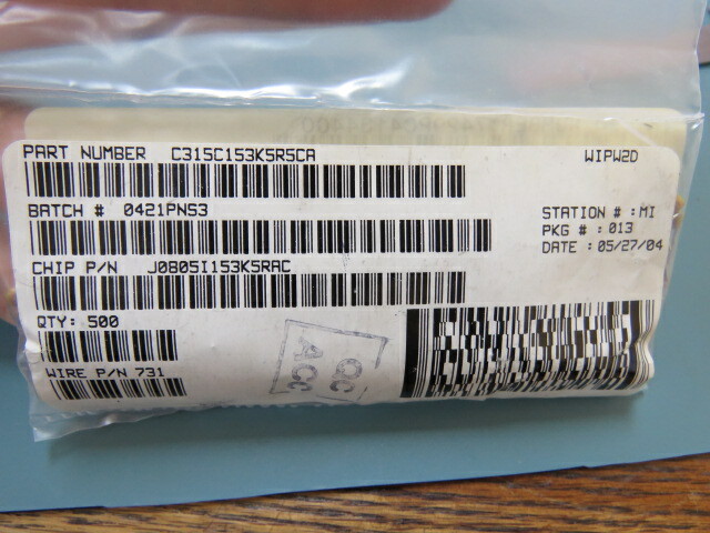 Kemet C315C153K5R5CA Qty of 125 per Lot CAPACITOR; 0.015µF ±10% 50V Ceramic Cap