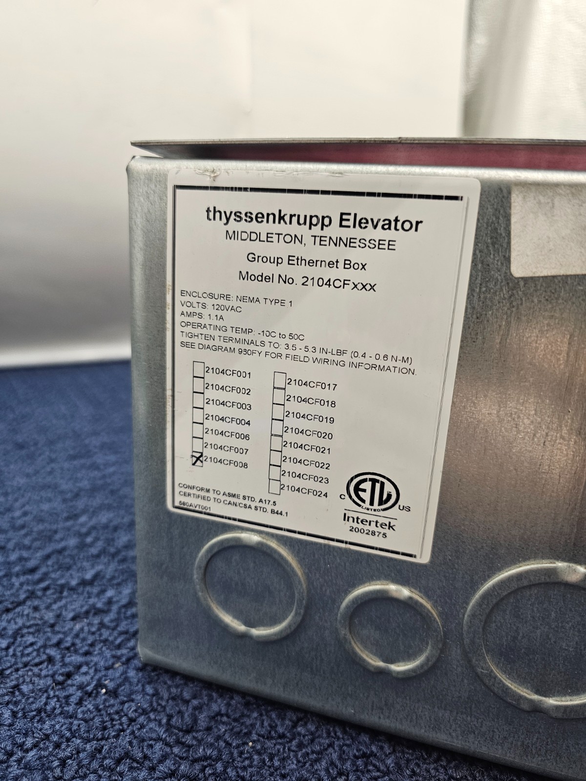 Thyssenkrupp 2104CF008 Group Ethernet Box Enclosure, NEMA 1 120VAC 1.1A