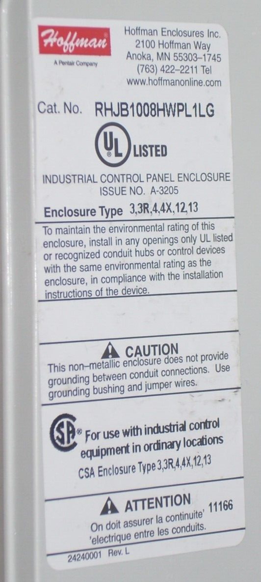 Hoffmann RHJB1008HWPL1LG Industrial Control Panel 11 1/2 x 9 1/4 x 7 w Latch