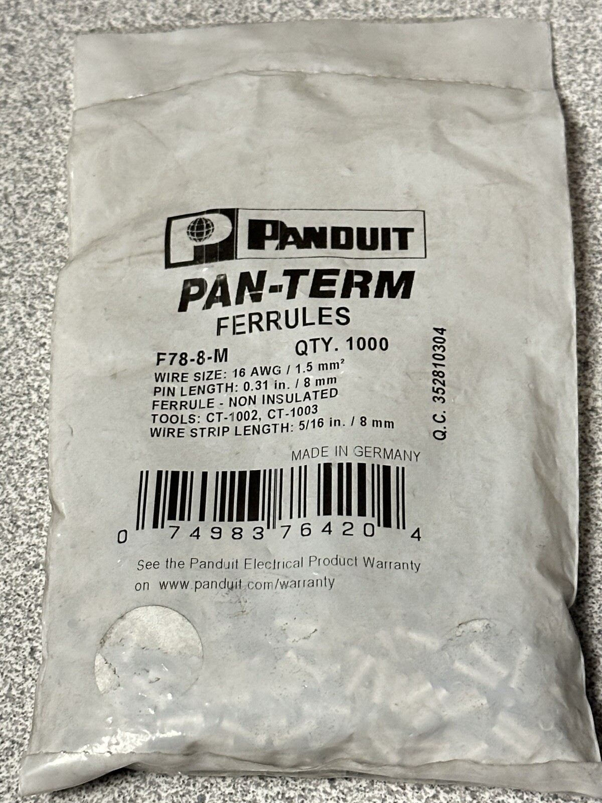 New pack of 1000 Panduit F78-8-M FERRULE 16 GA NON-INSULATED