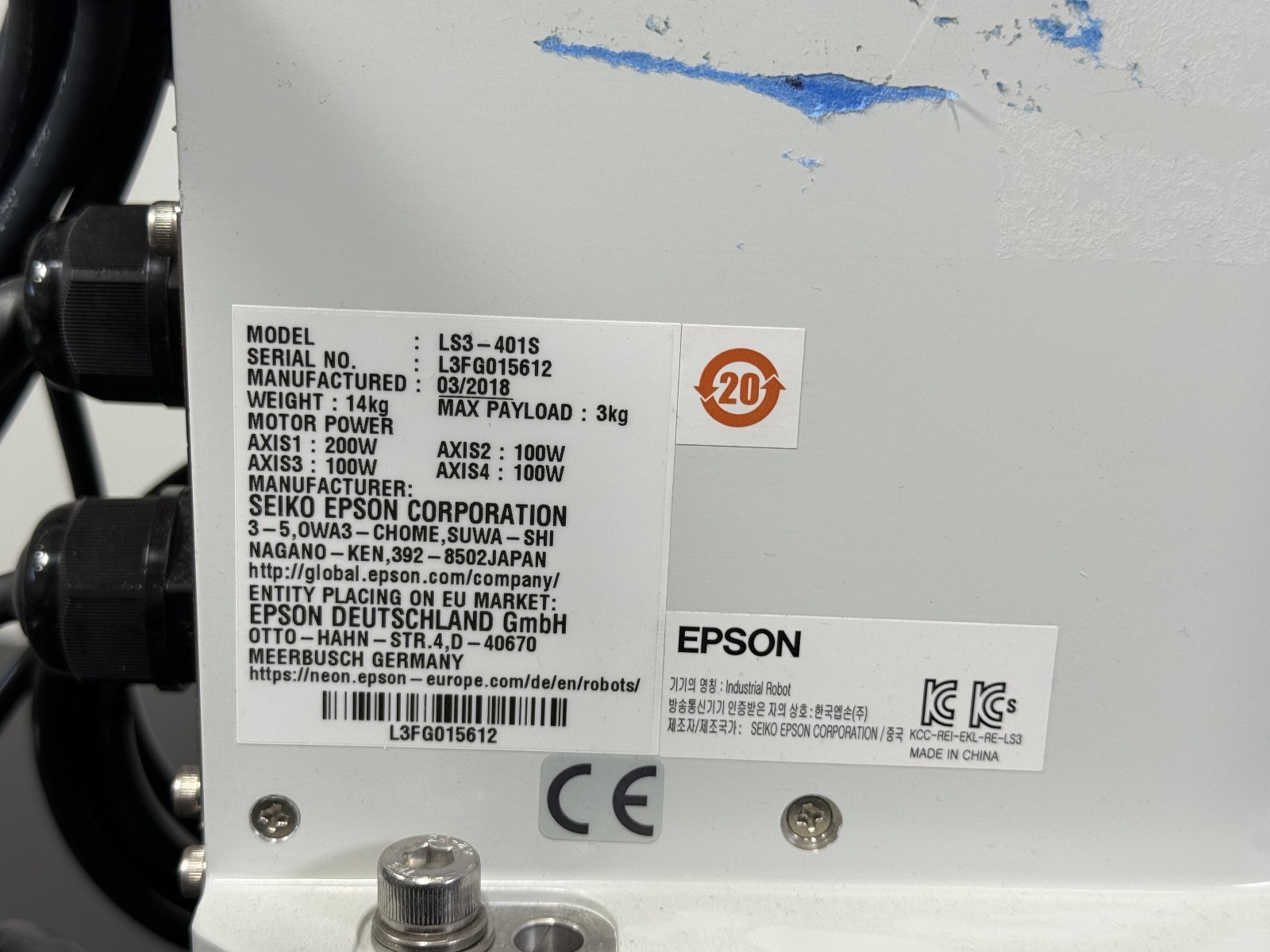 Seiko Epson LS3-401S 4-Axis SCARA Robot w/ RC90 Controller 200–240VAC