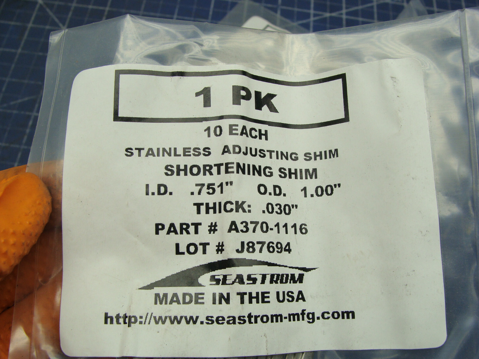 LOT OF 4 PKGS (10 EACH) SEASTROM SS SHORTENING SHIMS A370-1116 .751″ ID 1.00″ OD