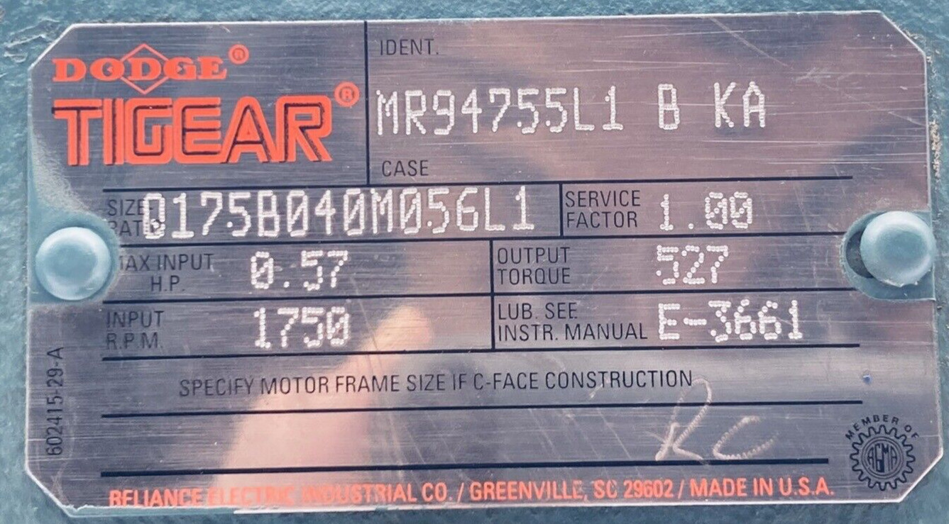 DODGE TIGEAR Q175B040M056L1 SPEED REDUCER GEARBOX .57HP 1750RPM 40:1 TORQUE-527