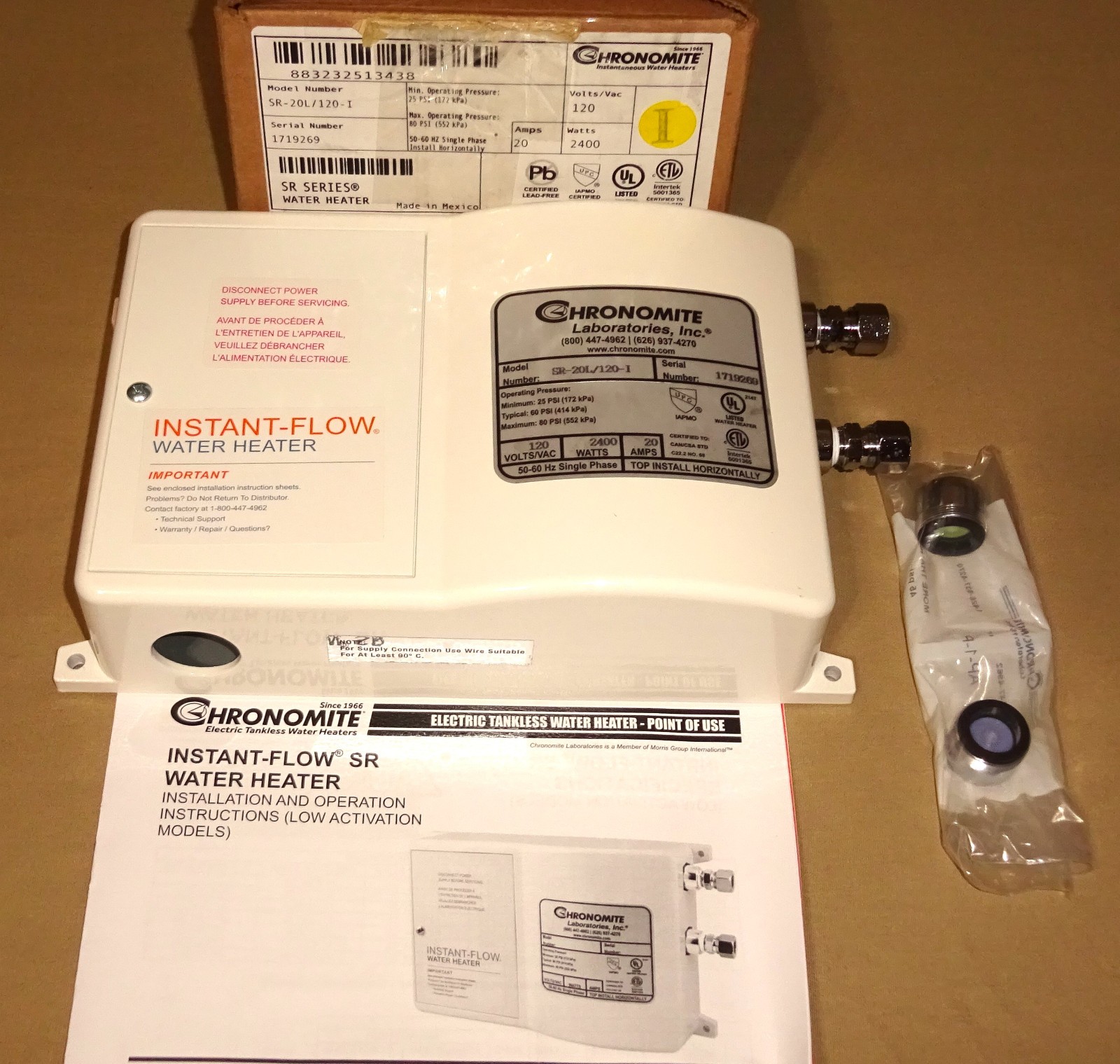 Chronomite SR-20L/120-I Tankless Water Heater 120VAC 20Amp SR Series NEW