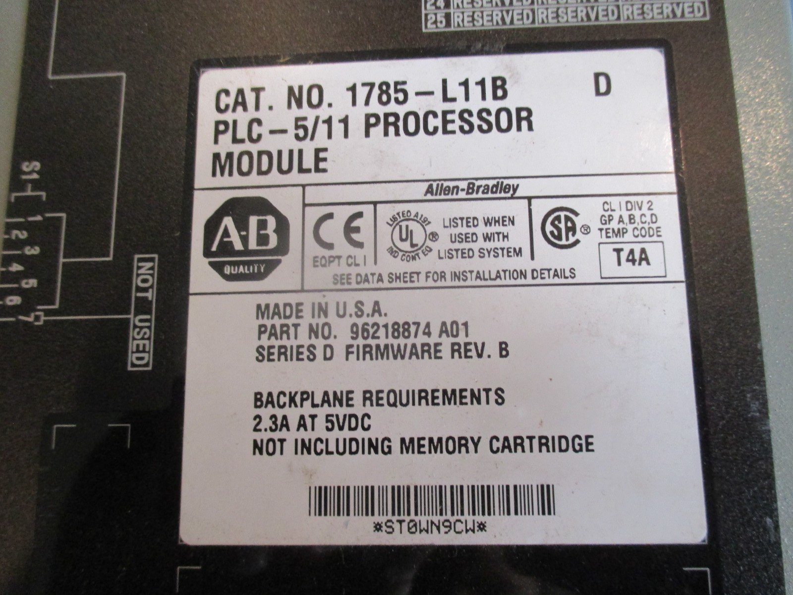 Allen Bradley PLC-5/11 Processor Module 1785-L11B/D 1785-L11B 96218874-A01