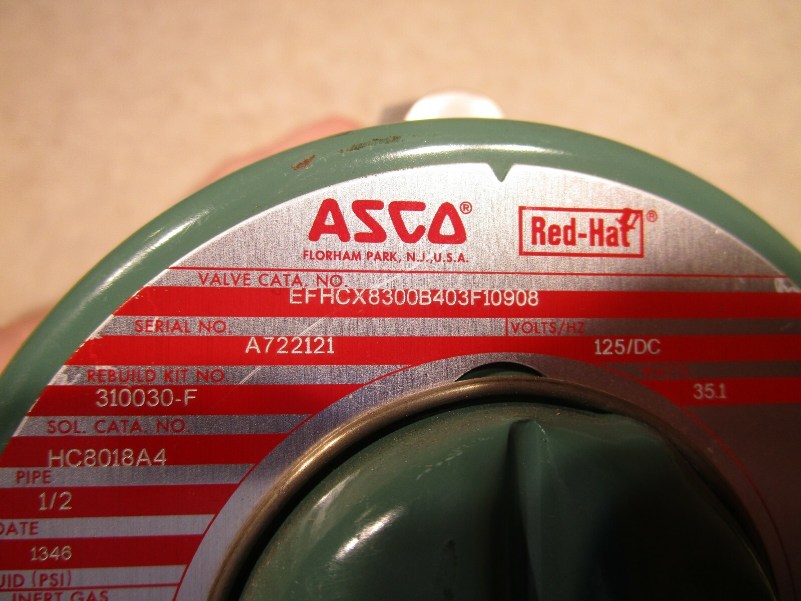 ASCO EFHCX8300B403F10908 Solenoid INERT GAS Valve 125VDC, 1/2″ NPT, 35.1W, D0401