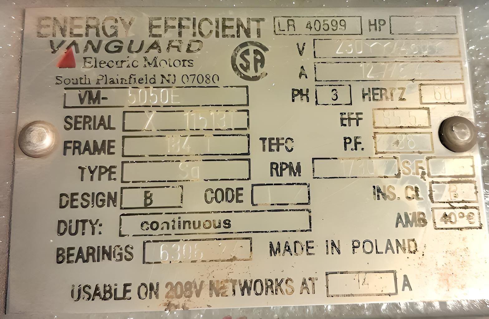 Vanguard VM5050E 5HP 3PH 1745RPM 184T 230/460V Electric Motor