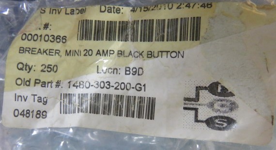 MECHANICAL PRODUCTS 1480-303-200-G1 Qty of 10 per Lot BREAKER MINI 20 AMP BLAC