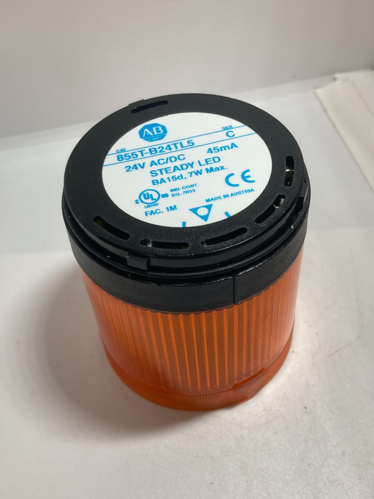 ALLEN BRADLEY 855T-B24TL5 STACK LIGHT AMBER STEADY LED 24VAC/DC 45MA SERIES C