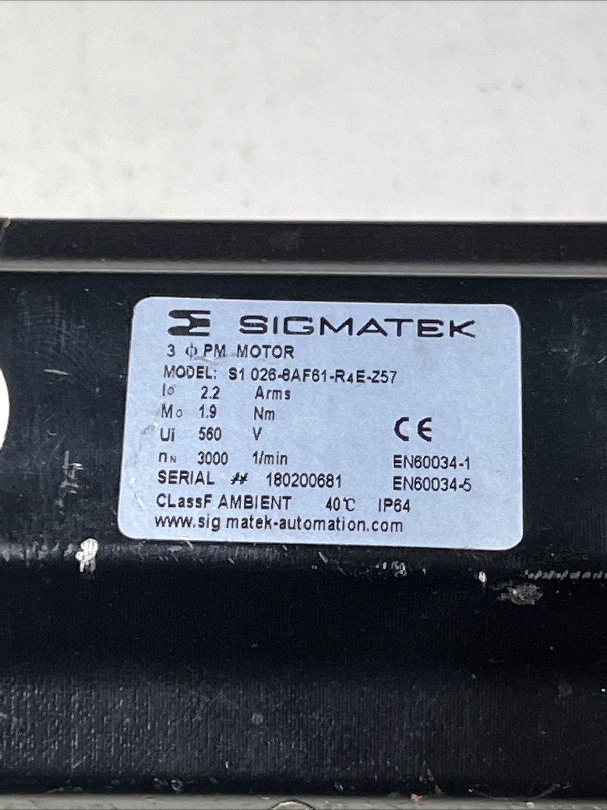 Sigmatek S1 026-8AF61-R4E-Z57 Servo Motor FOR PARTS OR REPAIR – SHIPS FROM USA