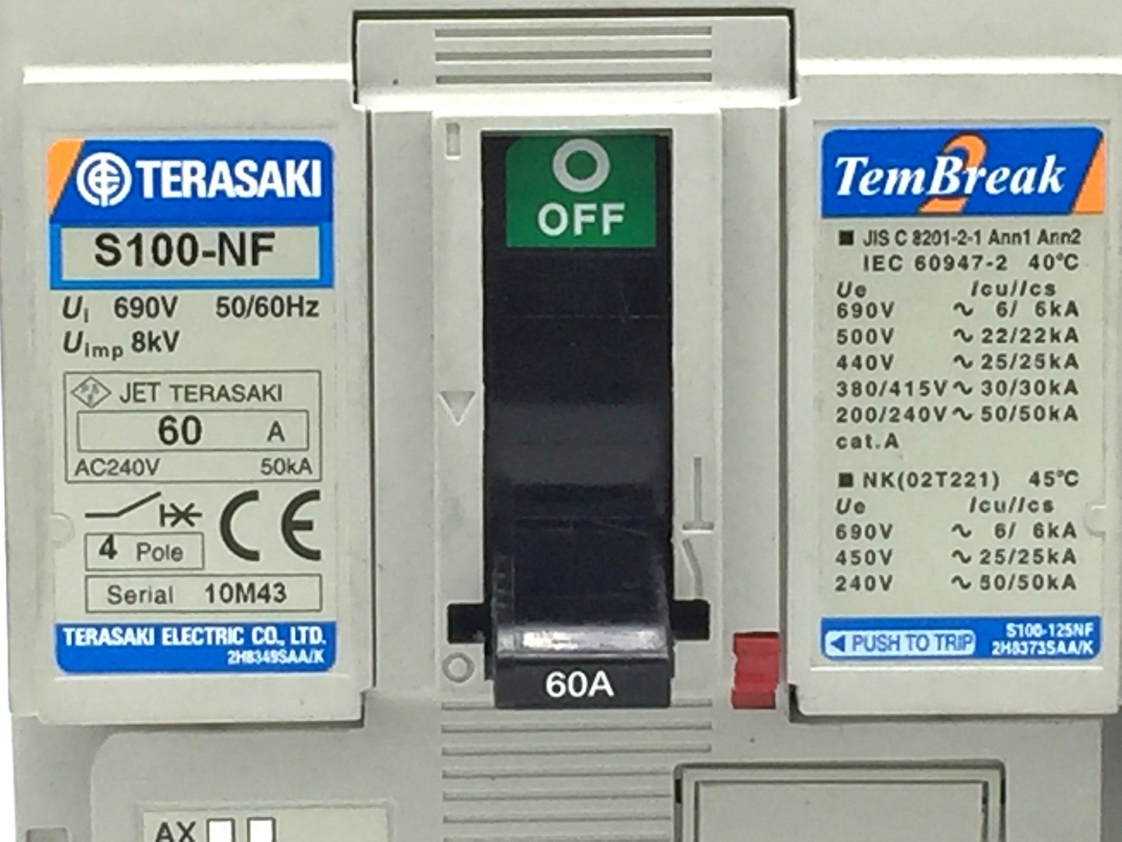 TERASAKI TemBreak S100-NF Circuit Breaker 60A FC 4P 30kA at 415V 24V DC Shunt Tr