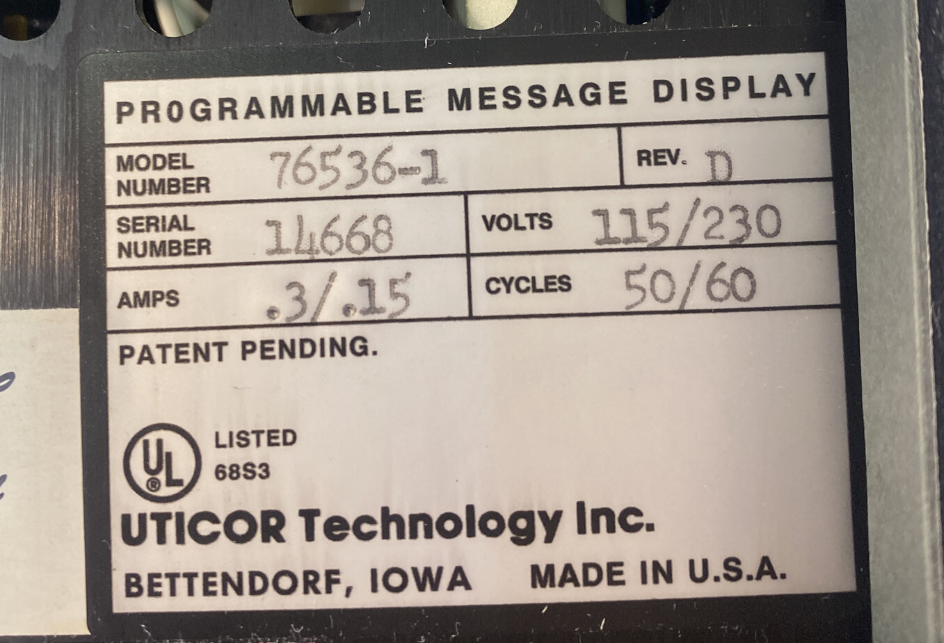 UTICOR TECHNOLOGY 76536-1 MESSAGE DISPLAY 765361 OVERNIGHT SHIPPING