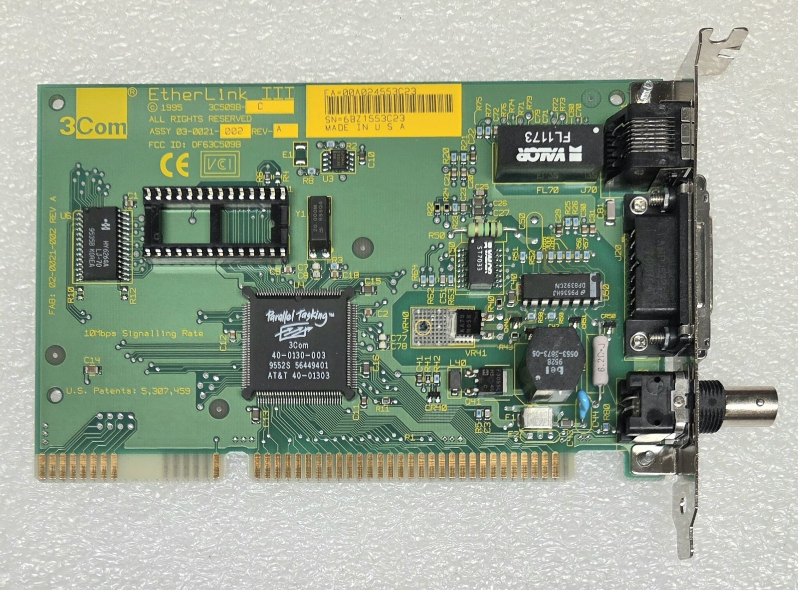 3COM ETHERLINK III 3C509B-C ISA NETWORK ADAPTOR CARD 03-0021-002 RJ-45, AUI, BNC