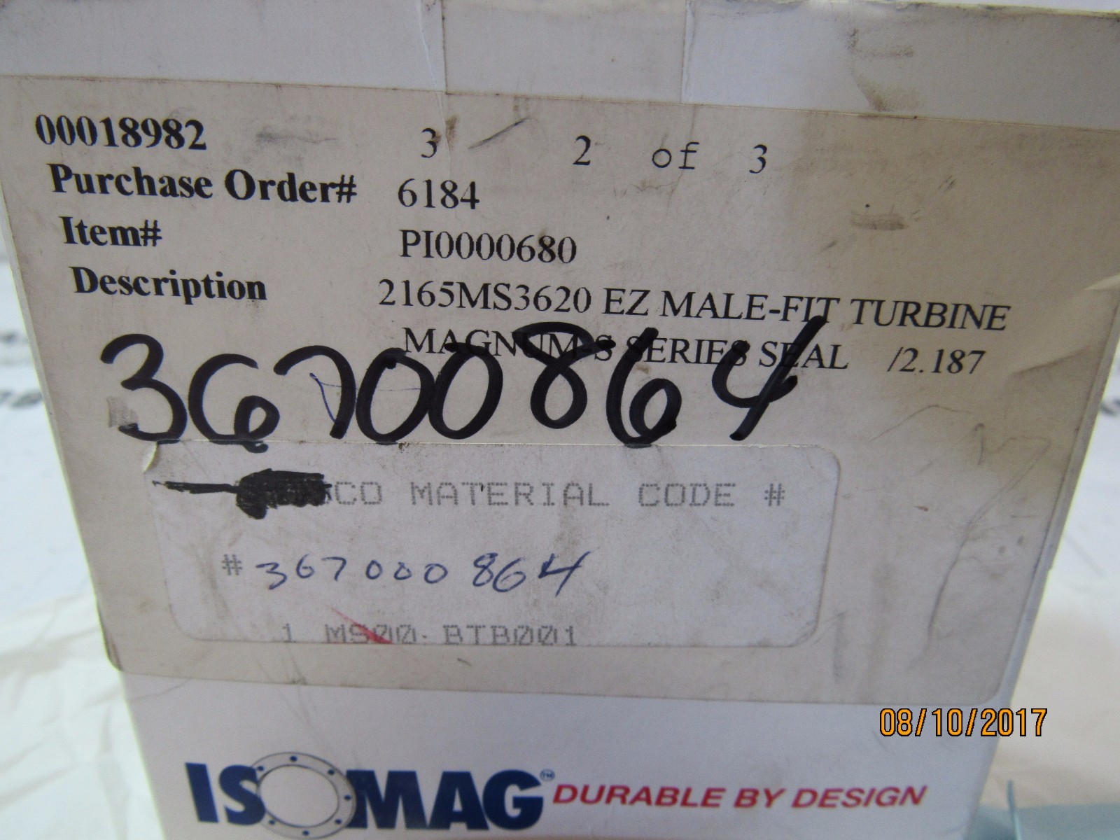 ISOMAG P10000680 TURBINE SEAL 216MS3620 NEW IN BOX