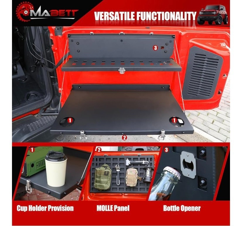 Mabett Tailgate Table for Ford Bronco 2021-2024, Carbon Steel Foldable Molle Pan
