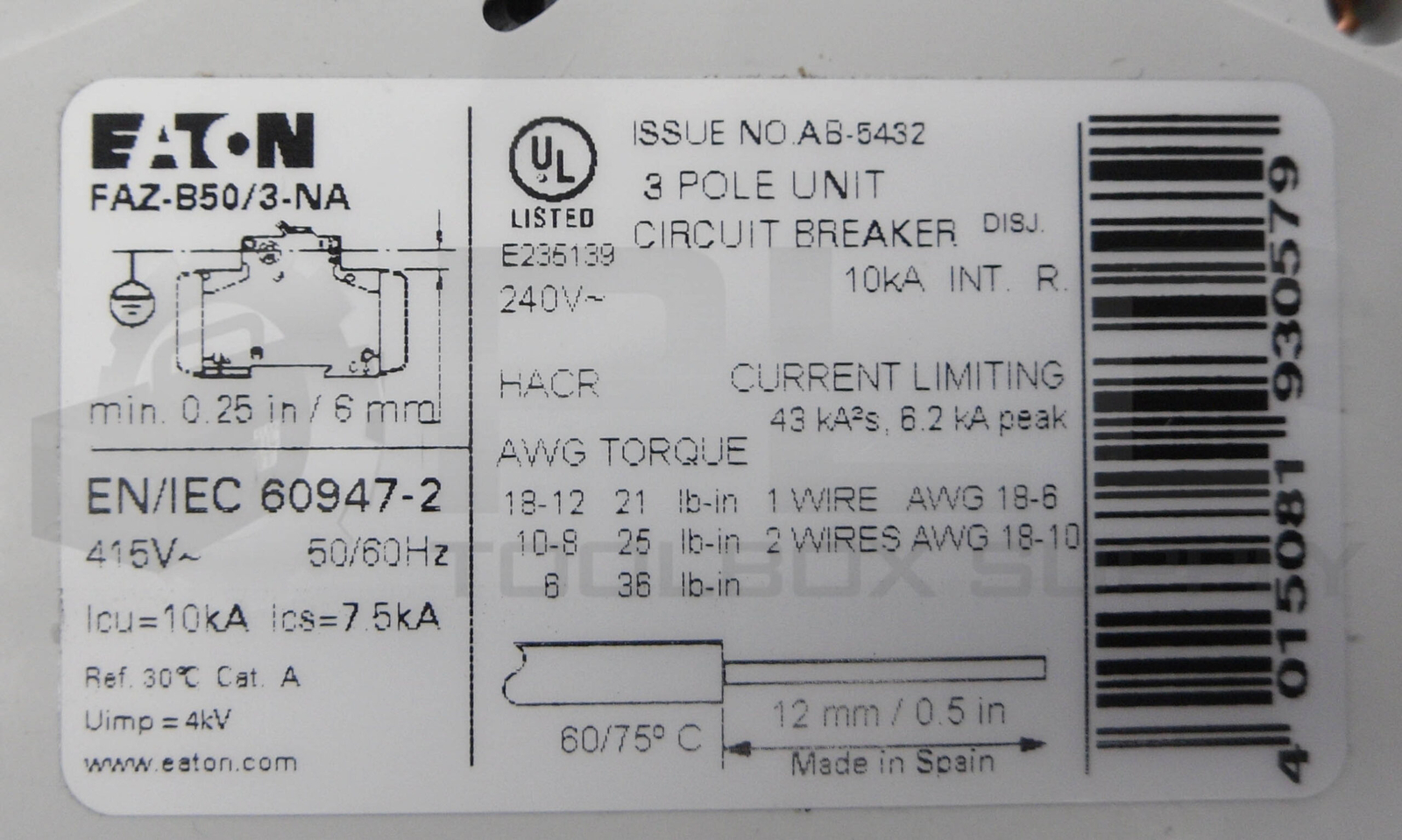 NEW EATON FAZ-B50/3-NA CIRCUIT BREAKER 50A 3 POLE 240VAC 190787 FAZ-B50-3-NA
