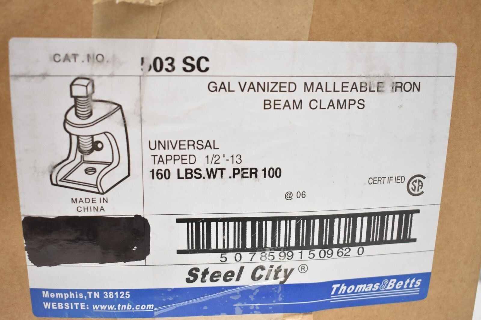 Thomas & Betts Steel City 503 SC Galvanized Malleable Iron Beam Clamp (LOT OF 5)