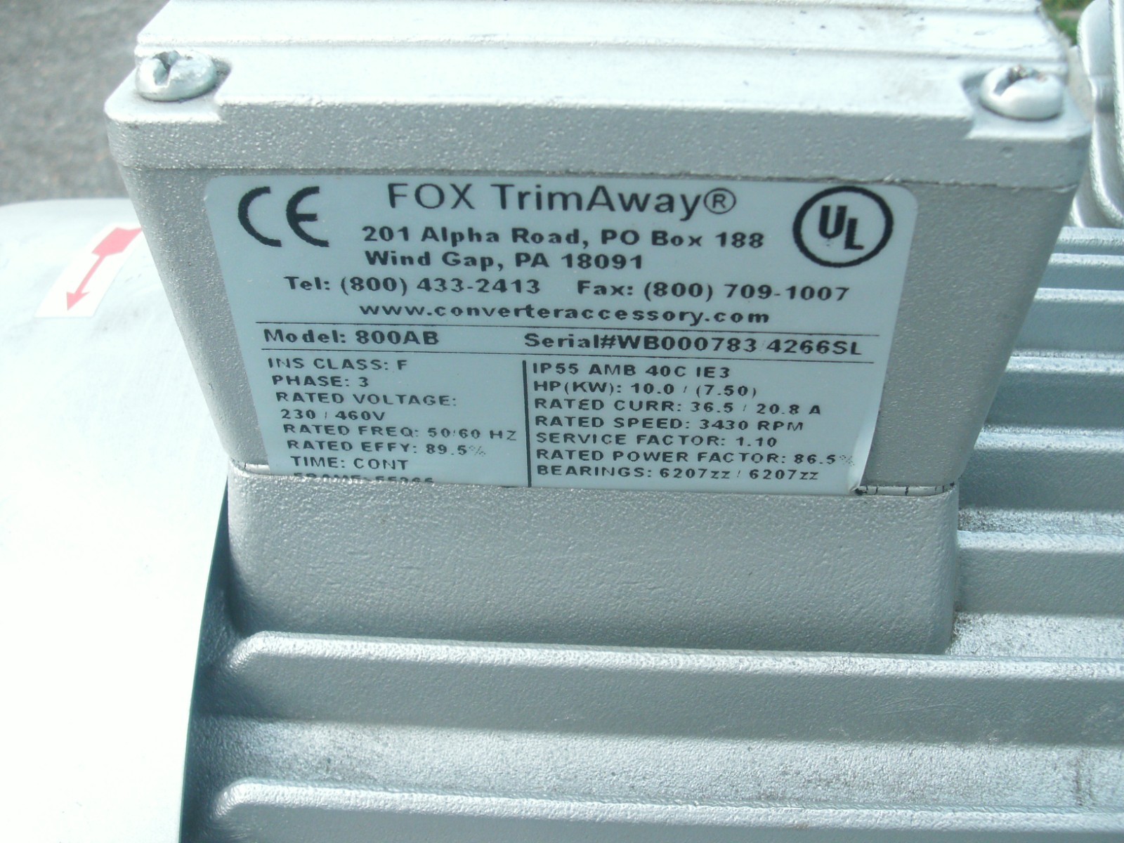FOX TRIMAWAY 800AB REGENERATIVE BLOWER 230/240 VAC 10 HP 3430 RPM