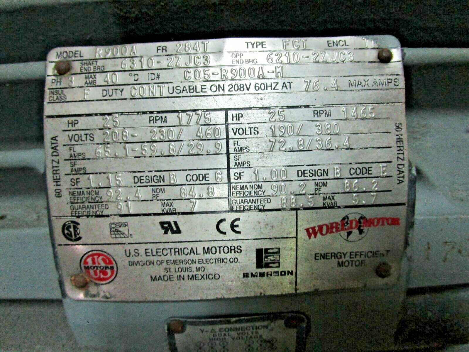 U.S. Electrical Motors R900A FR284T 25HP 3 Phase 1775 RPM 1465 RPM 47935AES