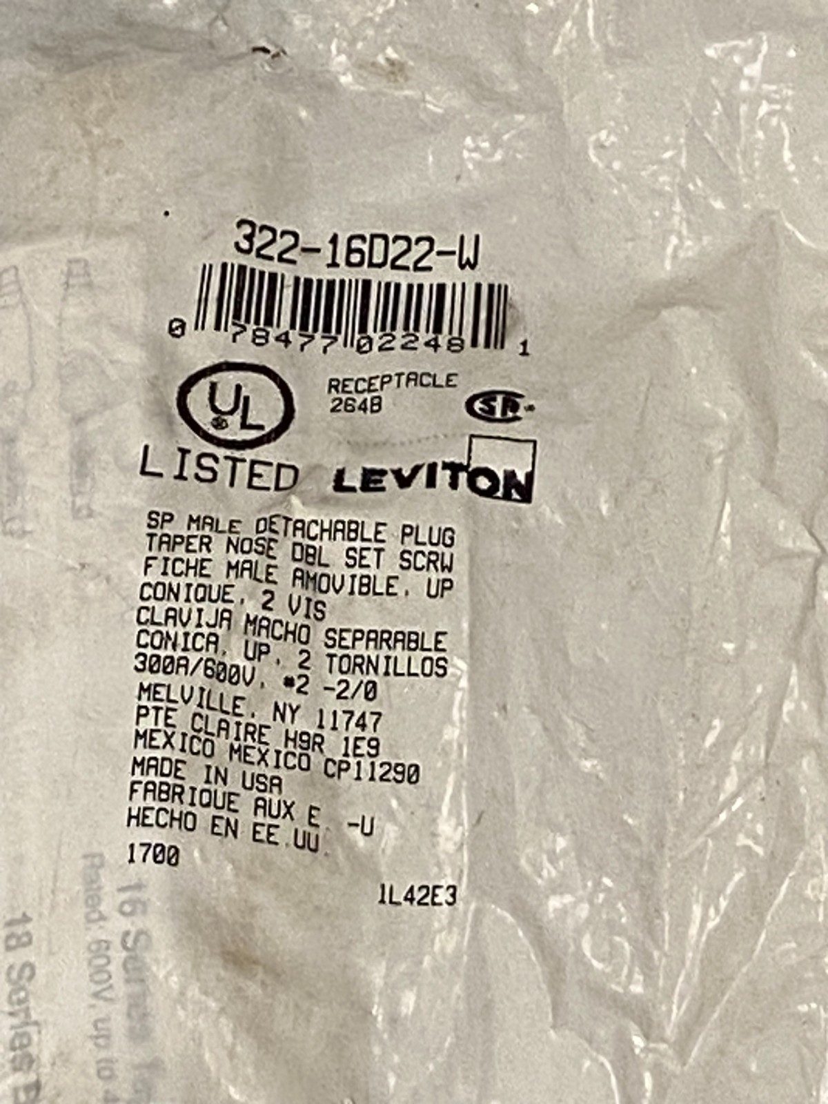 Leviton 322- 16D22-W Taper Nose Cam-Type Male Plug, Detachable NEW