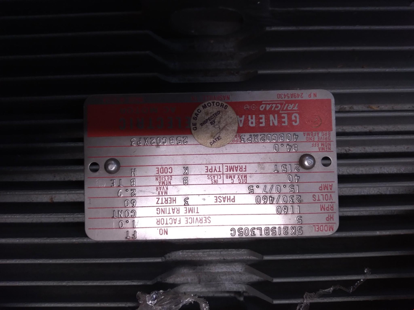 GE FT 60HZ K AC MOTOR 5K215BL305C 5HP 1160RPM 230/460 81 3P