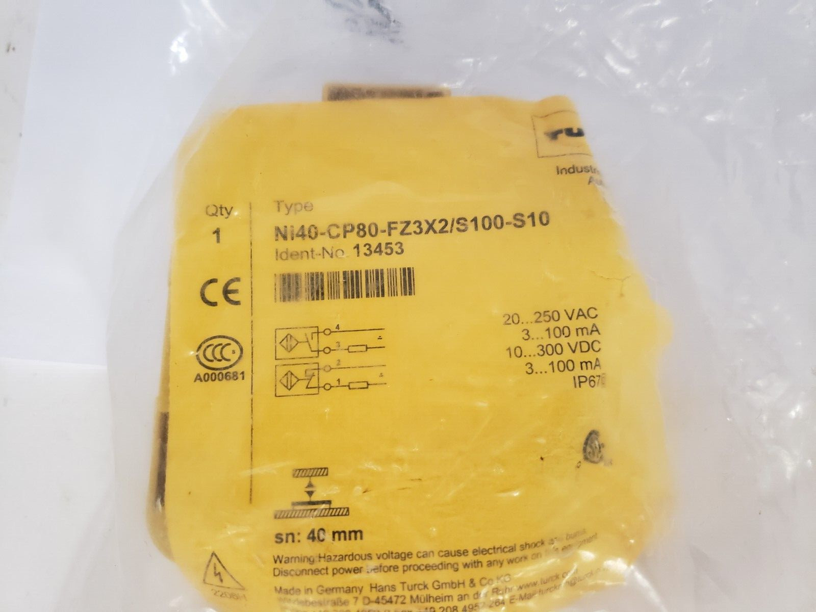 TURCK Ni40-CP80-FZ3X2/S100-S10 SENSOR INDUCTIVE 20-250VAC (13453) NIB