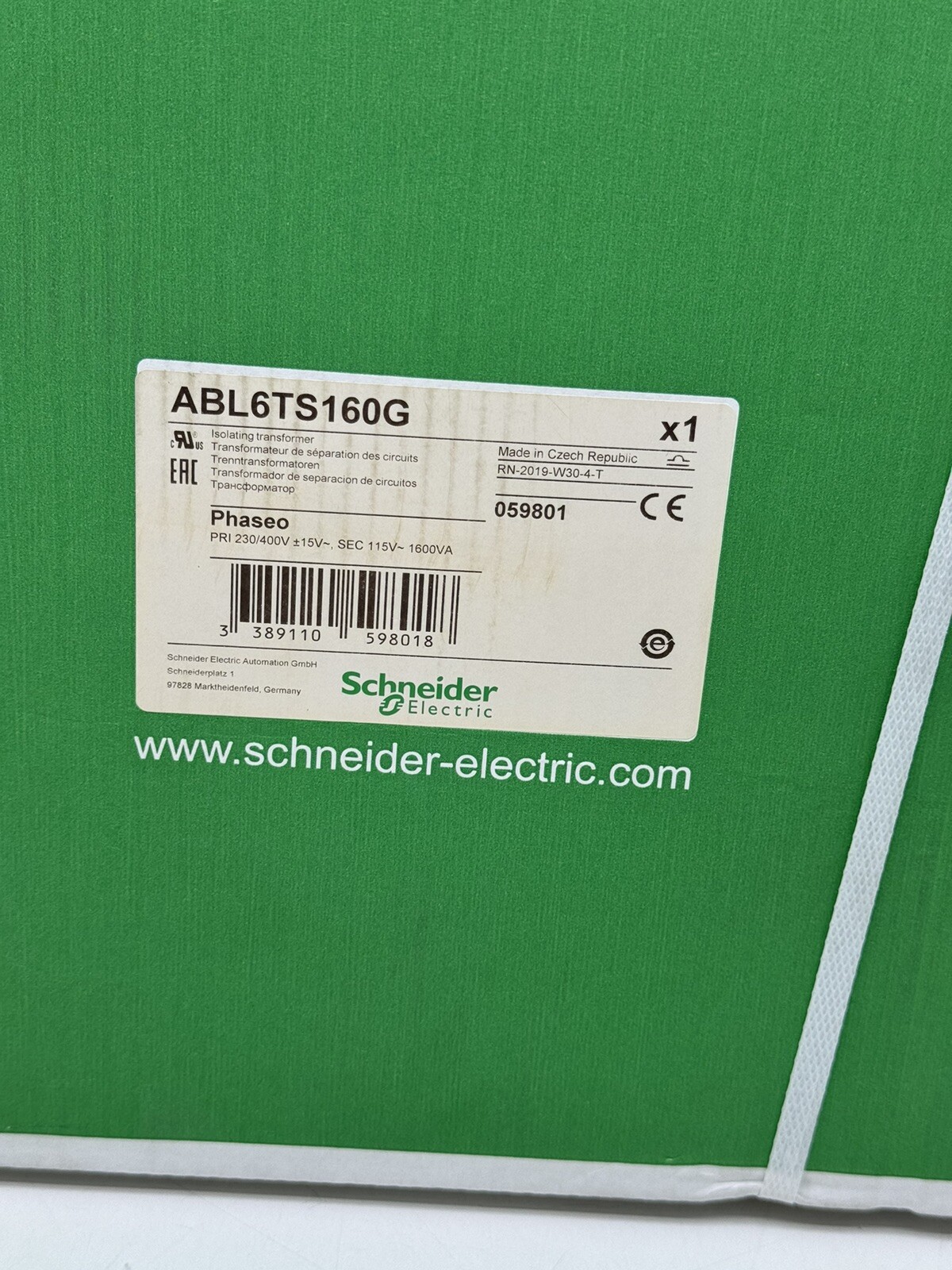 SCHNEIDER ABL6TS160G ISOLATING VOLTAGE TRANSFORMER PRI 230/400V
