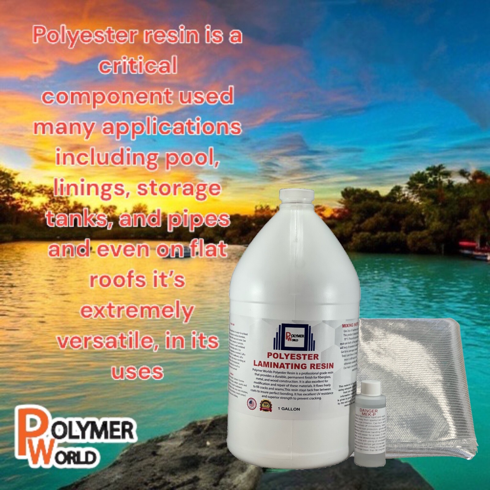 Fiberglass Repair Kit 2 Gal of Polyester Resin 1708x50x10 Yard Biaxial Cloth