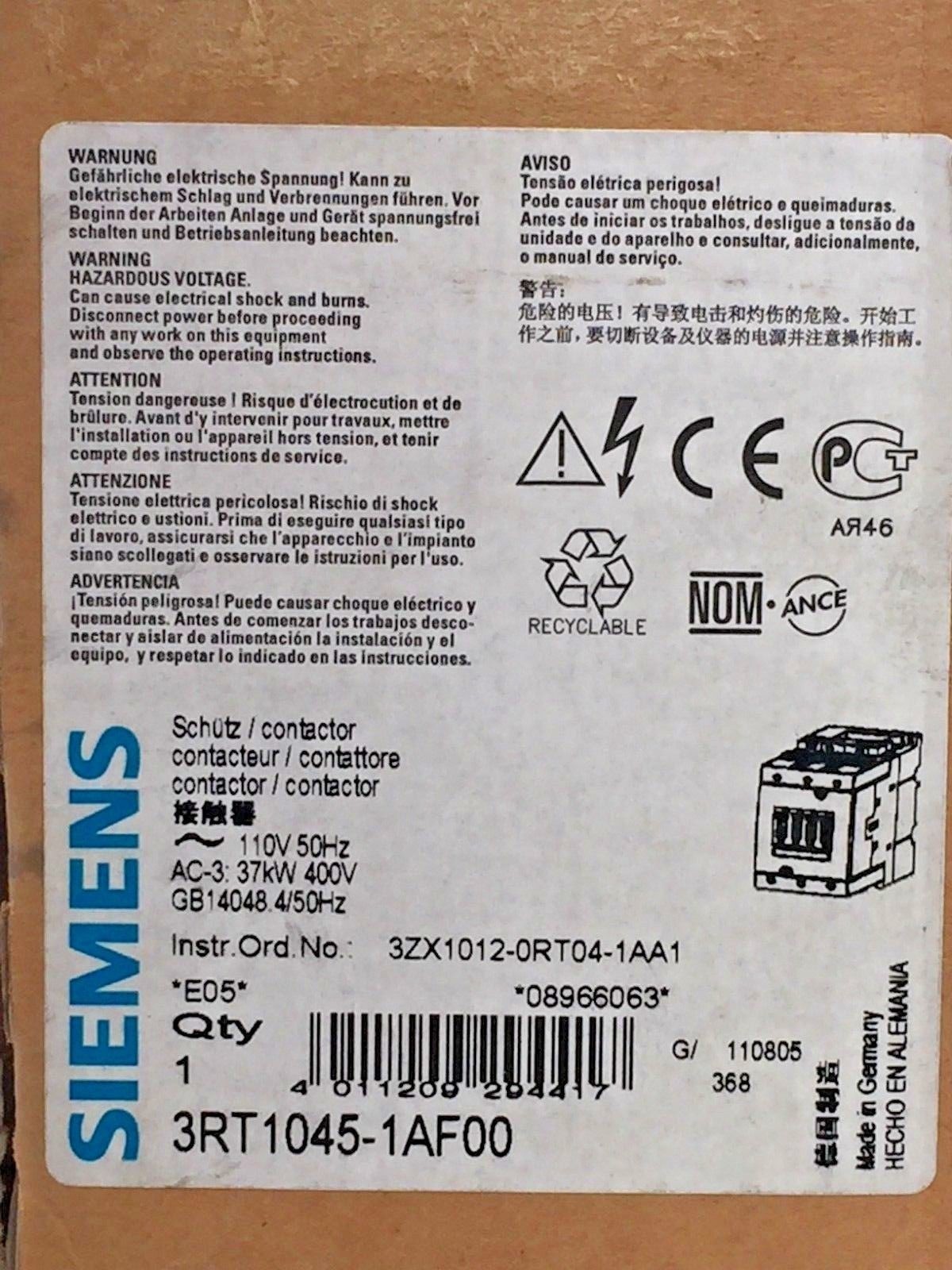 Siemens Sirius 3RT1045-1AF00 Contactor 3 Pole 80A 80 amp 110V AC-3 37kW 400V