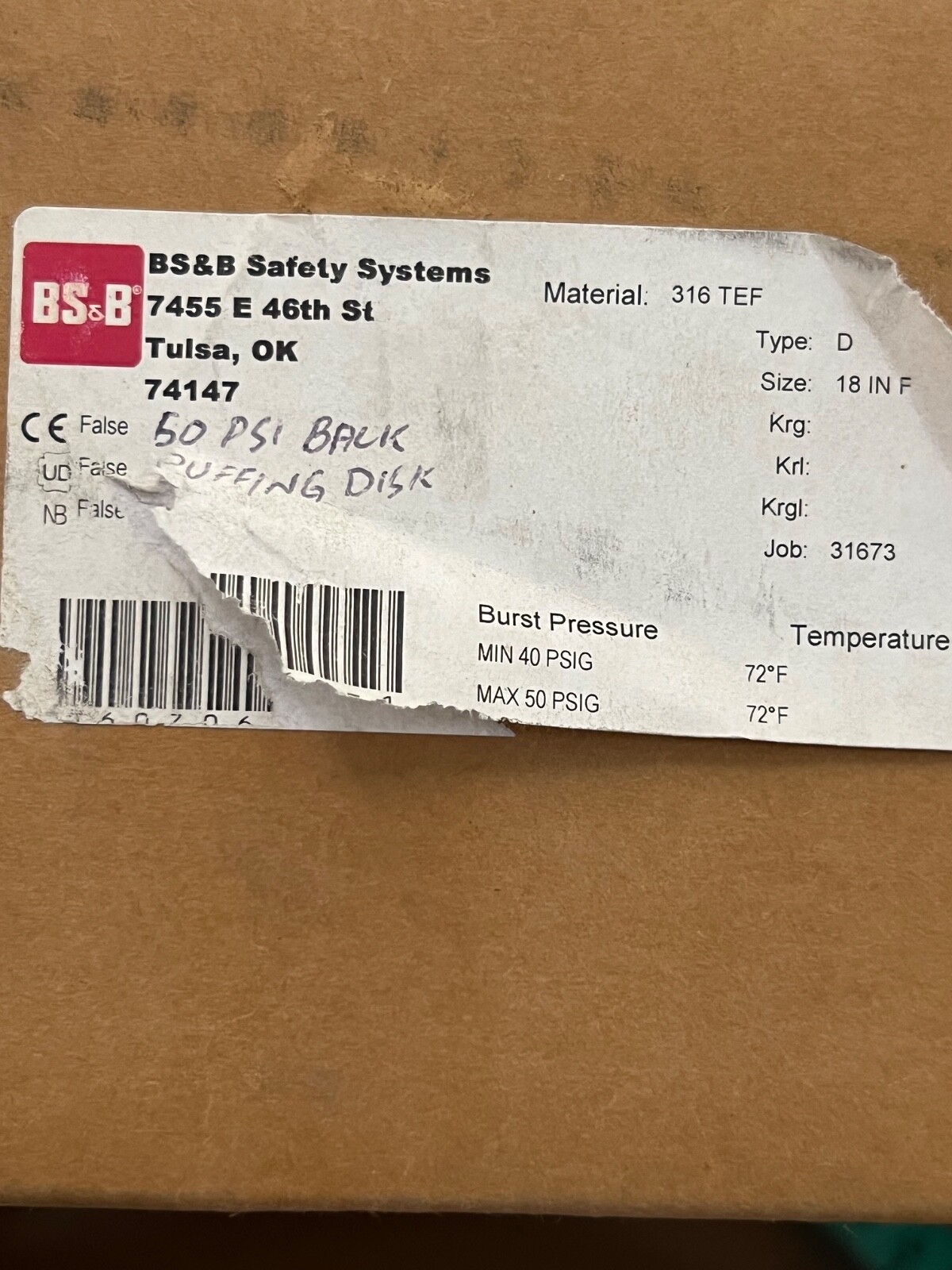 BS&B 316TEF TYPE:D 18″ F MIN 40 PSIG MAX 50 PSIG