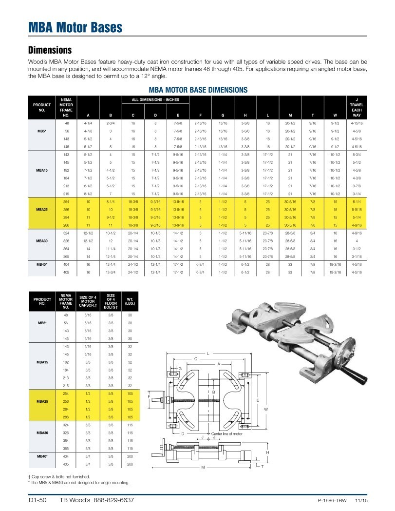 T B Wood’s MBA25 Adjustable Tiltable Motor Base; NEMA Frames 254, 256, 284, 286