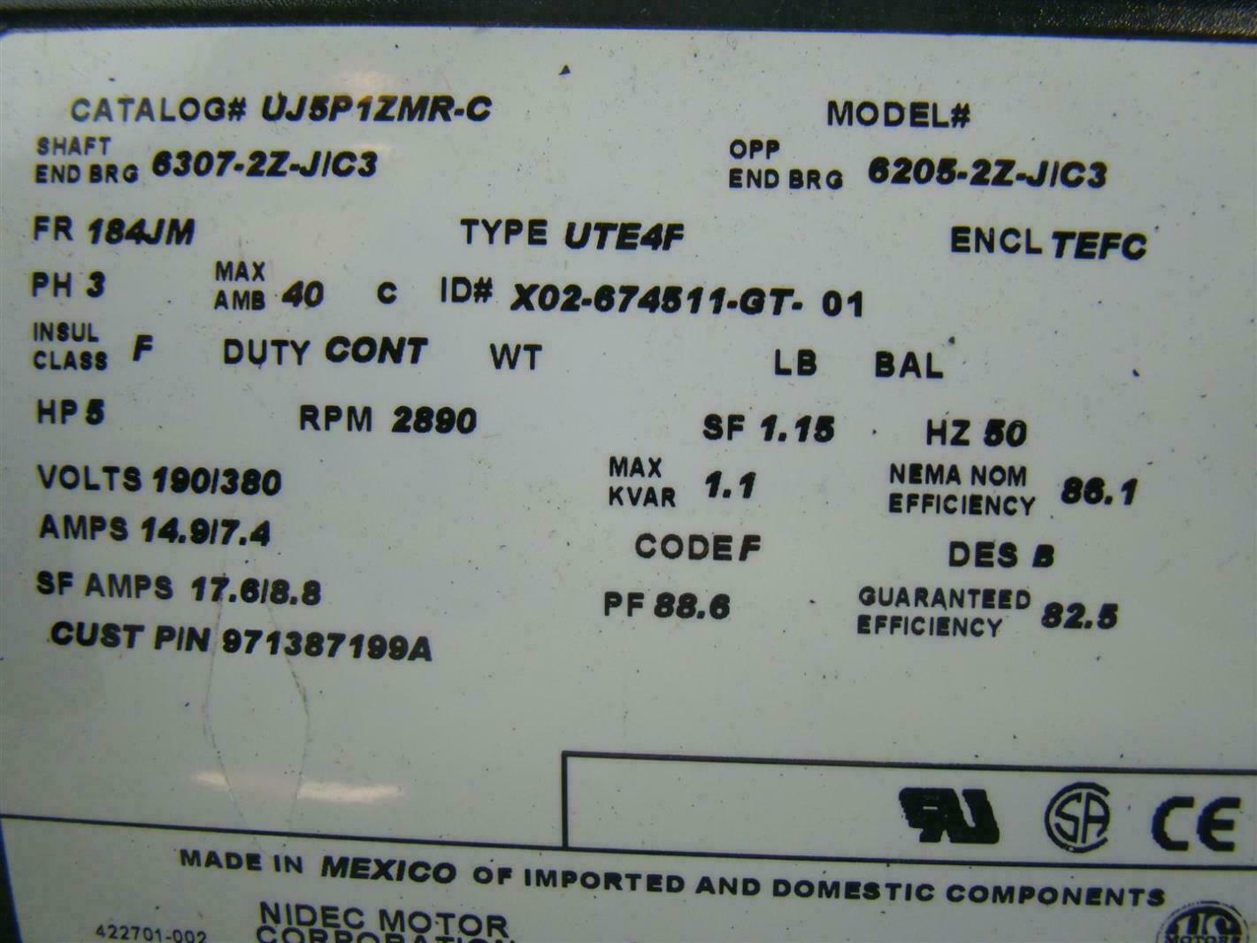 US Motor Electric Motor PH3 5HP 50HZ 190/380V 14.9/7.4A 2890Rpm 6205-2Z-JIC3