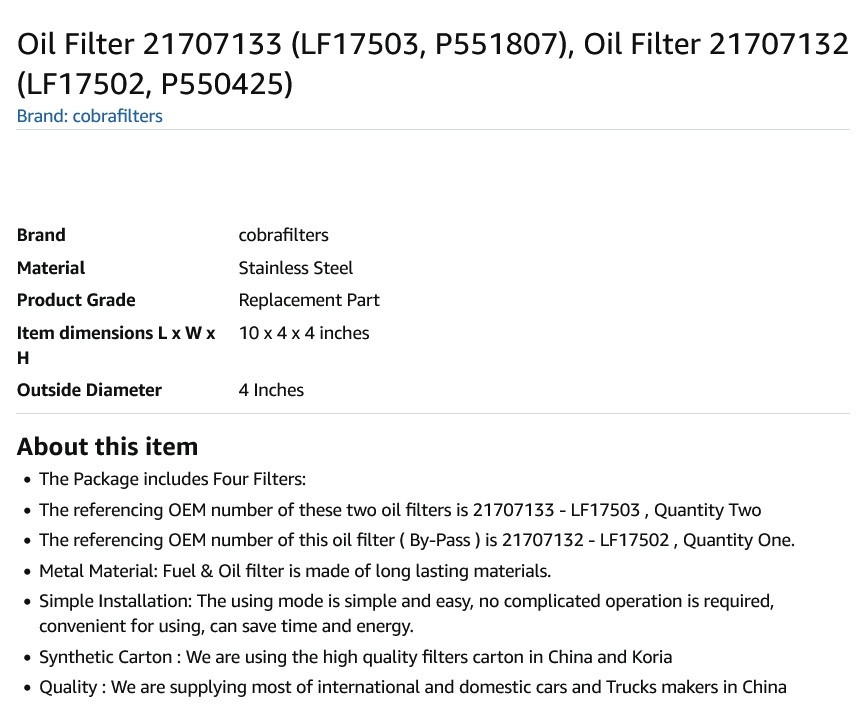 1 NEW COBRA 21707133 LF17503 VOLVO OIL FILTER NIB ***MAKE OFFER***
